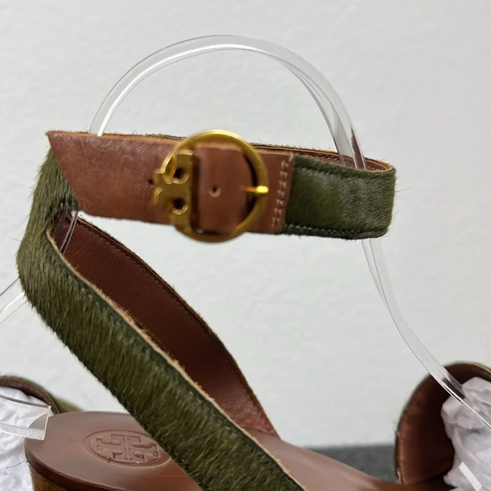 Tory Burch Olive Woven Platform Sandals with Wood-Effect Heel
